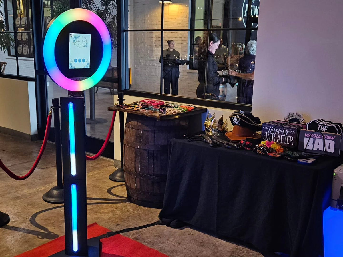 Selfie Station photo booth setup with backdrop